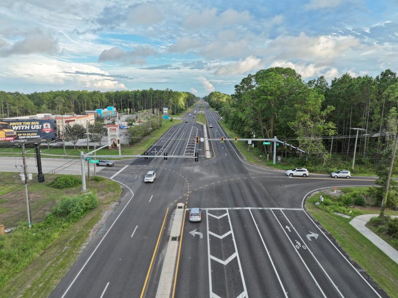 Street-level view down US-1 with median and tree cover at 4900 US-1, St. Augustine, FL 32086