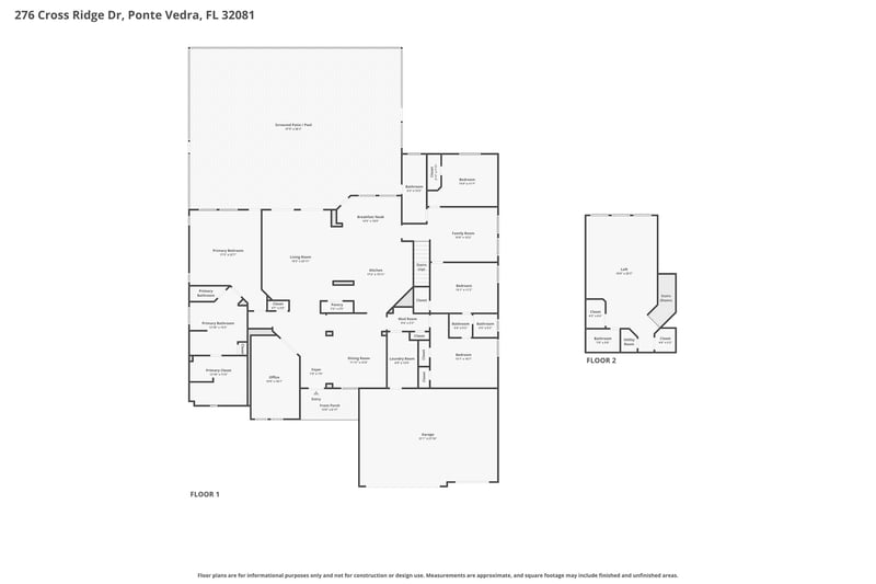 Floor plan showing main level layout and upstairs bonus room at 276 Cross Ridge Dr, Ponte Vedra Beach, FL 32081