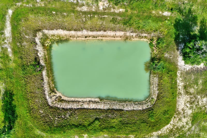 Close aerial view of a pond with grassy, sloped banks at 7500 Lucky Seven Rnch Rd, Macclenny, FL