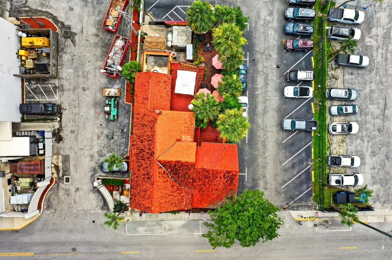 Aerial view of the red tile roof and courtyard at 115 Cordova St, St. Augustine, FL