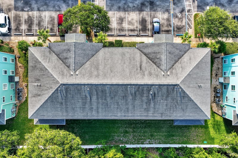 Aerial close view of the building rooftop at 206 16th St, St. Augustine, FL 32080