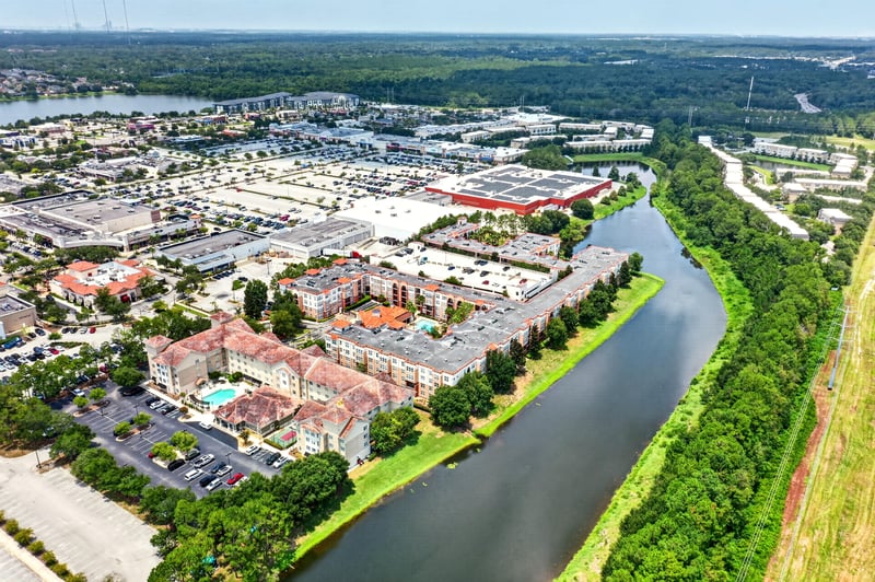 Aerial view of the complex along the waterway in Jacksonville, FL