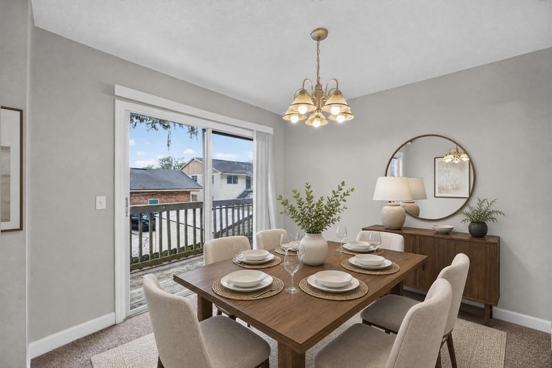 Virtually staged dining area with table and pendant light at 1800 Park Ave apt 358, Orange Park, FL