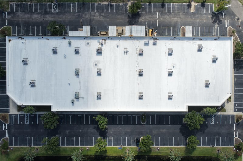 Aerial close-up of a building roof with HVAC units at 10550 Deerwood Park Blvd, Jacksonville, FL 32256