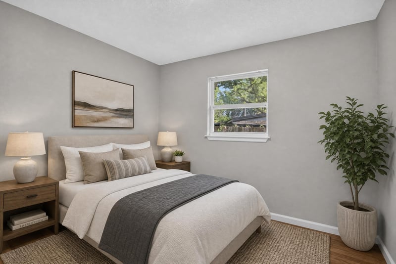 Virtually staged bedroom with bed and plant at 7015 Miss Muffet Ln N, Jacksonville, FL 32210