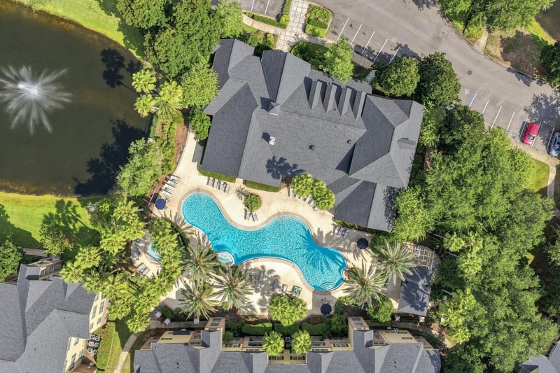 Aerial view of the community pool in Reserve at Point Meadows