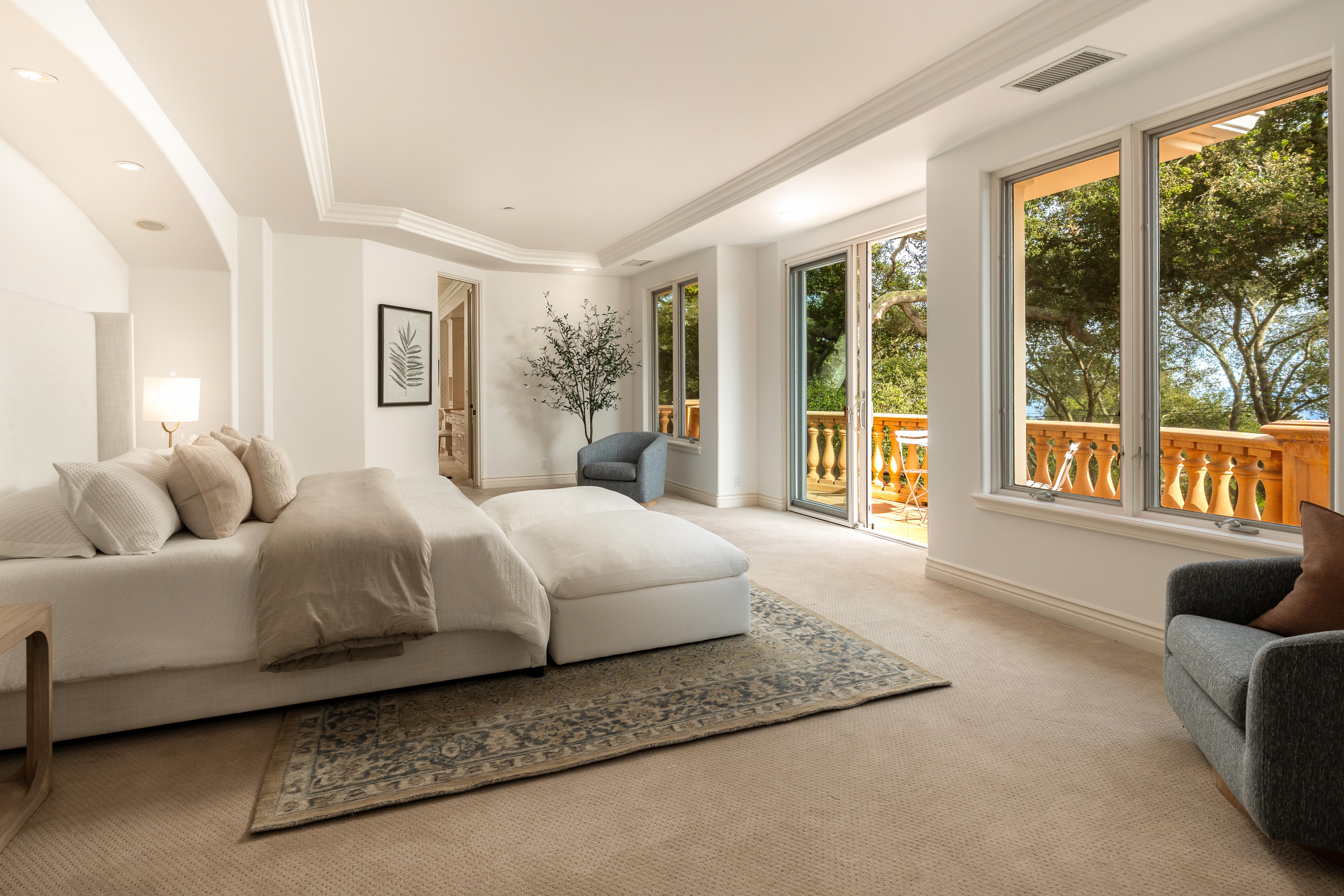 Exterior facade of luxury estate at 450 El Cielito Rd, Santa Barbara — professional real estate photography showcasing Santa Ynez Mountain views and architectural detail along the Santa Barbara Riviera. Our team captured still photography, aerial drone photography, twilight photography, a Matterport virtual tour, a 2D floor plan, and a custom property website from afternoon through twilight.