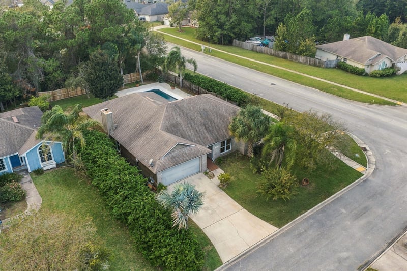Aerial view of the home and street, photographed by Megapixeler on Winding Springs Ct, Jacksonville