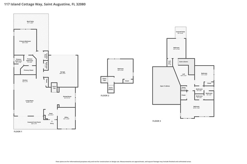 Floor plan of the three-level layout at 117 Island Cottage Way, St. Augustine, FL 32080