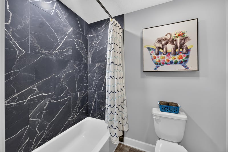 Bathroom with black marble shower and artwork at 2817 Camel Cir, Middleburg, FL