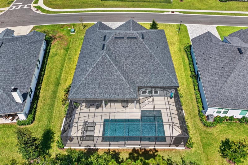 Aerial view of the pool and screened lanai at 785 Back Creek Dr, St. Augustine, FL 32092