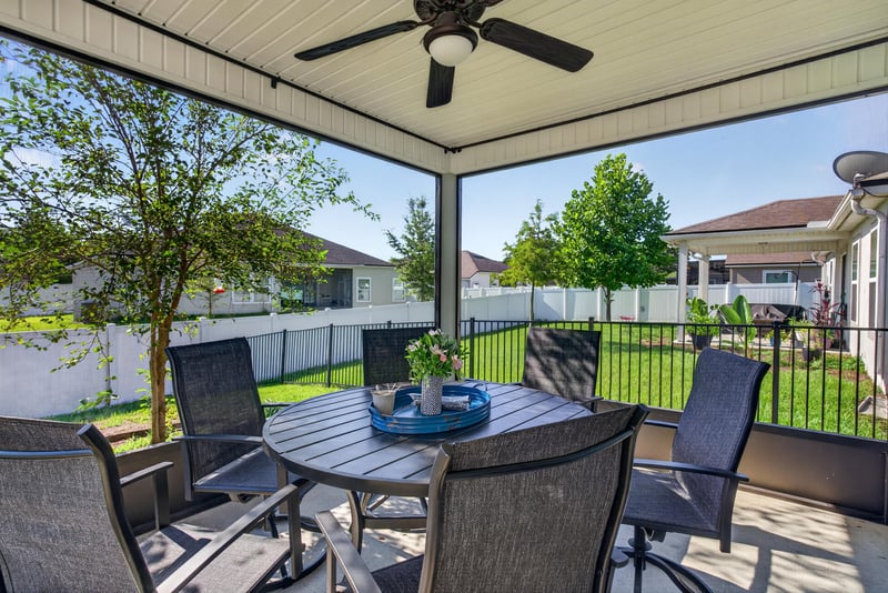 Covered screened patio with outdoor table and chairs at 589 Seville Pkwy, St. Augustine, FL