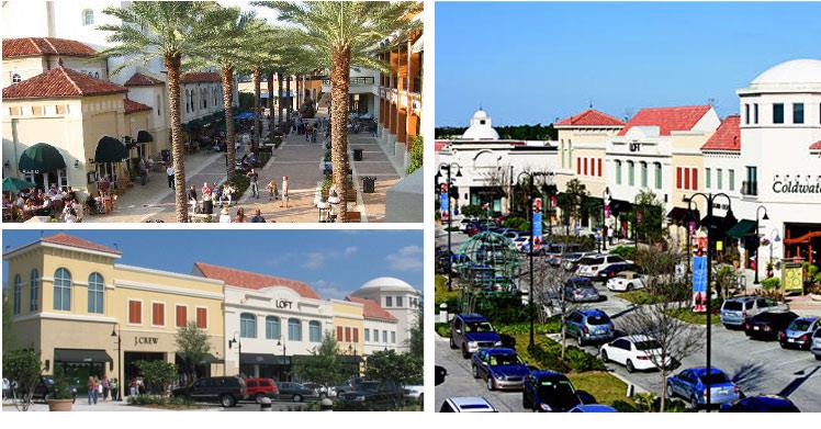 Outdoor shopping plaza with palm trees in Jacksonville
