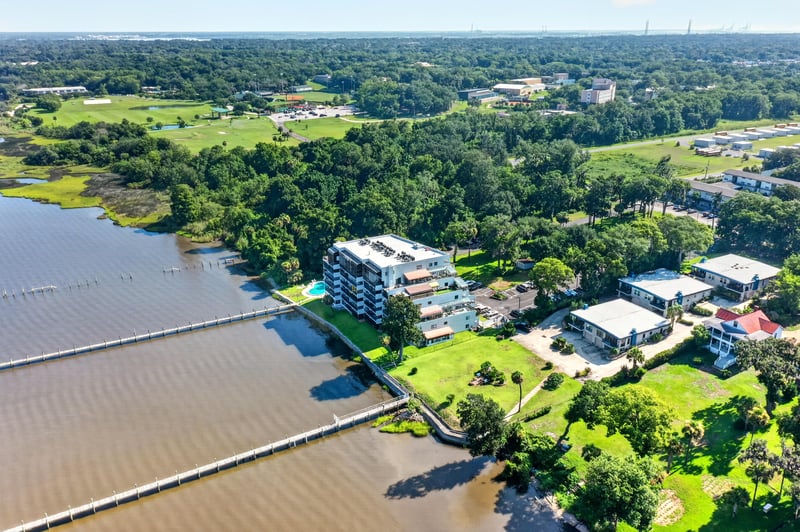 Aerial view of waterway and surrounding buildings in Jacksonville