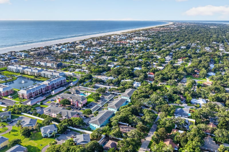Aerial view of the coastline and surrounding streets in St. Augustine, FL