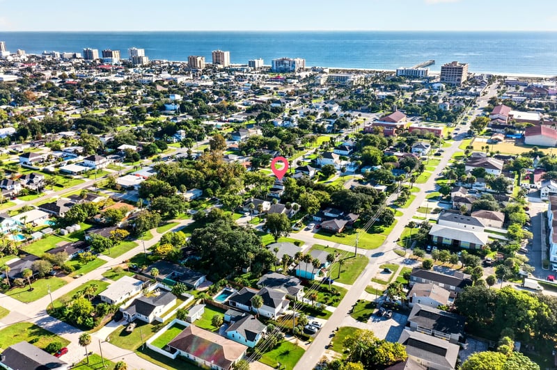 Aerial panoramic view toward the ocean in Jacksonville Beach, FL