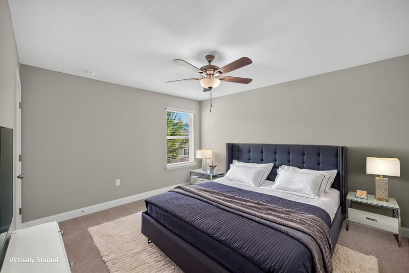 Bedroom with upholstered bed, virtually staged, at 331 Millerstone Dr, St. Augustine, FL 32092