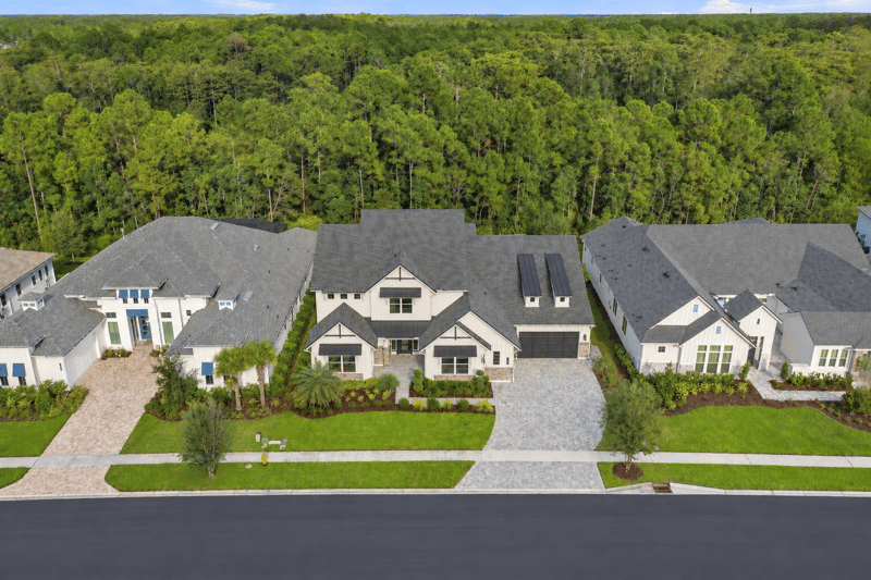 Aerial view of the street lined with homes in Ponte Vedra Beach