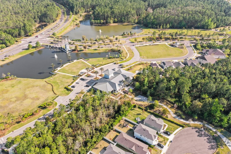 Aerial view of ponds and rooftops in St. Johns, FL