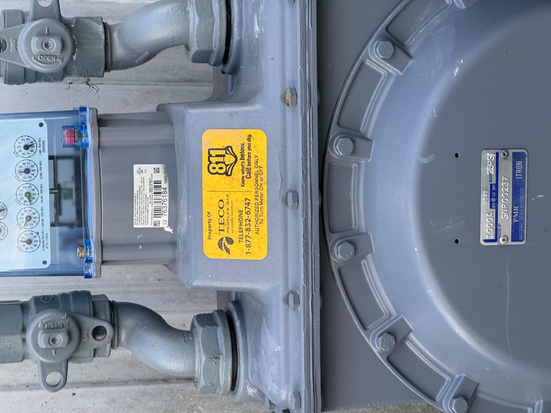 Gas meter with utility service sticker at 11700 New Kings Rd, Jacksonville, FL 32219