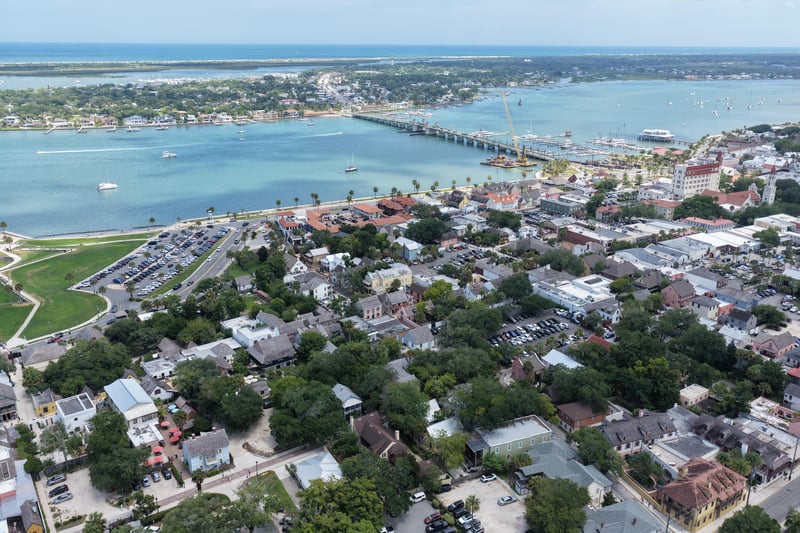 Aerial view of the bay and barrier island shoreline in St. Augustine, FL