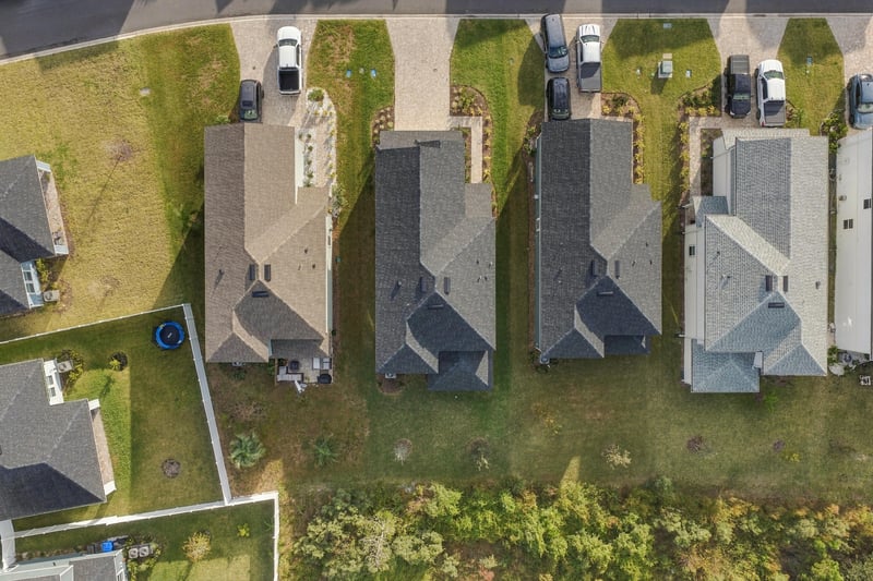 Drone view of home and neighboring rooftops, photographed by Megapixeler on Torres Trace, St. Augustine
