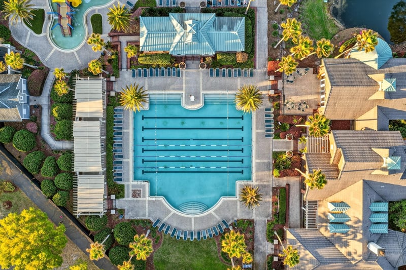 Aerial view of lap pool surrounded by homes in Oakleaf Plantation