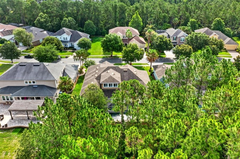 Aerial view of homes along curved street in Ponte Vedra Beach, FL