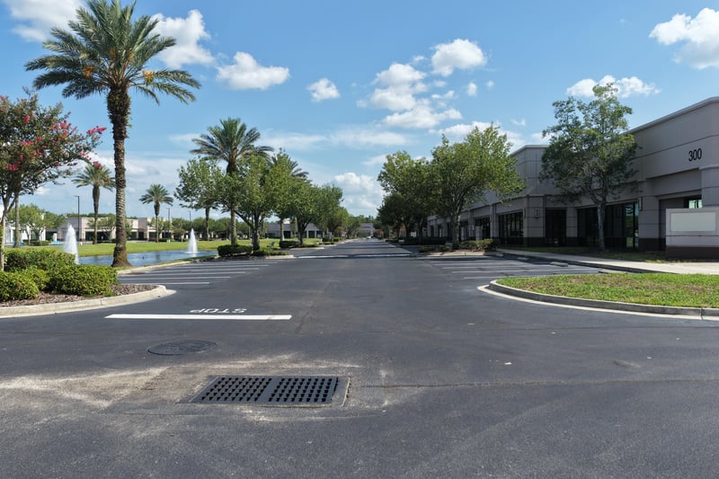 Palm-lined street with pond running alongside the parking at 10550 Deerwood Park Blvd, Jacksonville, FL 32256