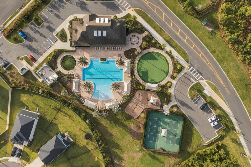 Drone view of community amenity center, photographed by Megapixeler on Torres Trace, St. Augustine