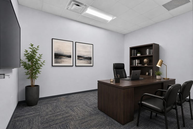 Staged private office with desk, bookshelf, and artwork at 7240 Golden Wings Rd building 100, Jacksonville, FL 32244
