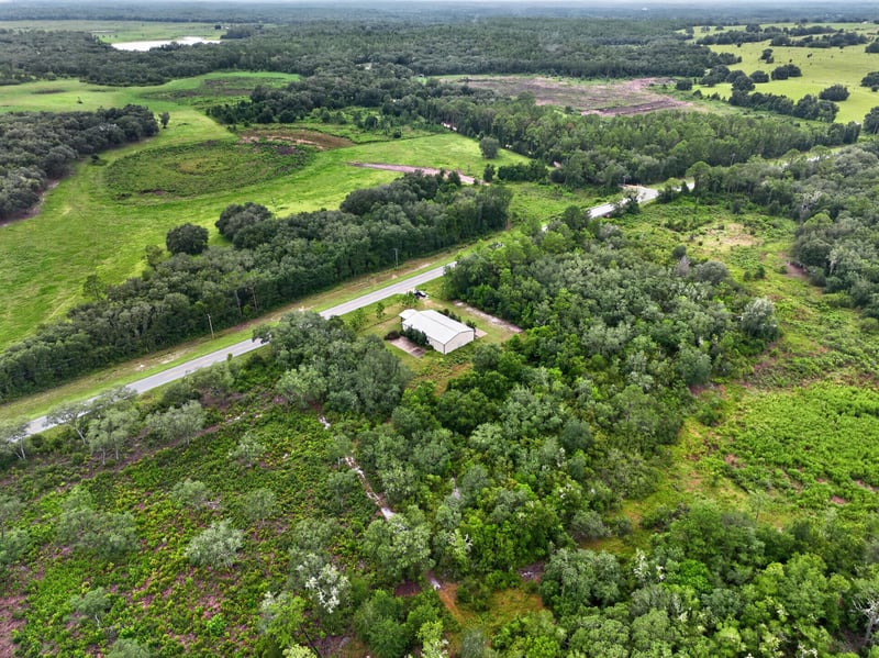 Drone aerial of the property and winding tree line at 1038 County Rd 315, Melrose