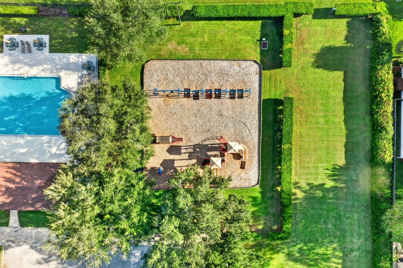 Aerial view of community pool and patio in Johns Creek