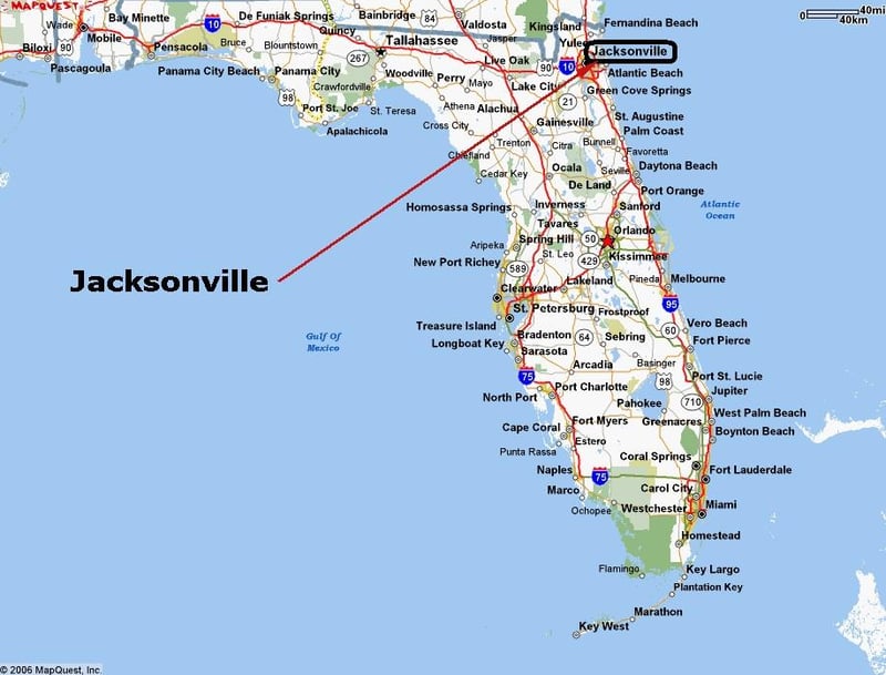 Map of Florida marking the location of Jacksonville