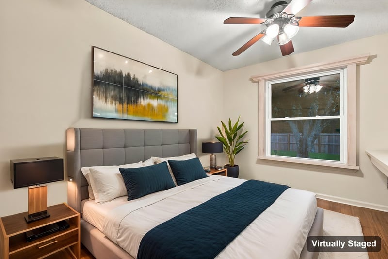 Bedroom, virtually staged, photographed by Megapixeler on Winding Springs Ct, Jacksonville
