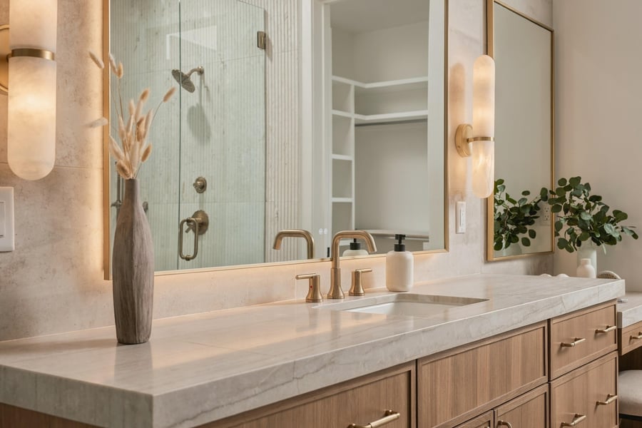 Primary vanity with brass faucets and alabaster sconces beside a fluted glass shower
