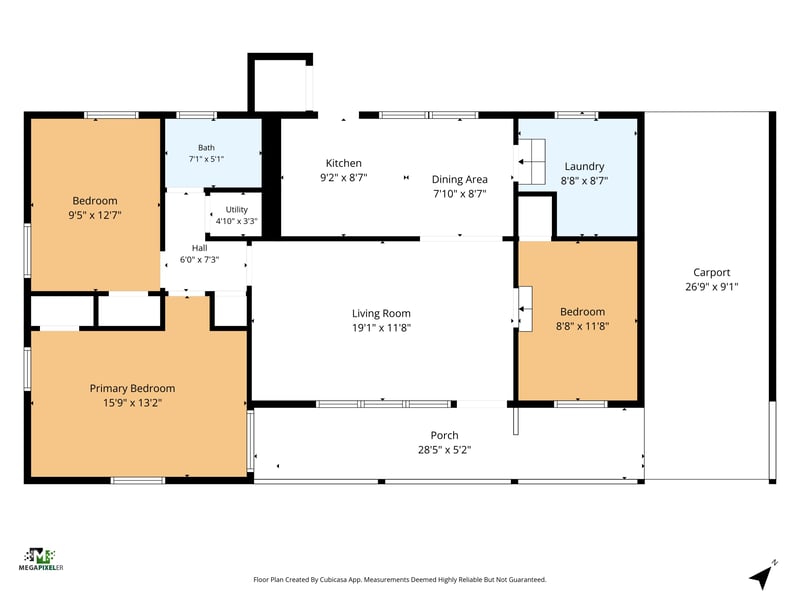 Floor plan showing bedrooms, kitchen, living room, and carport at 855 Cornwallis Dr, Jacksonville, FL