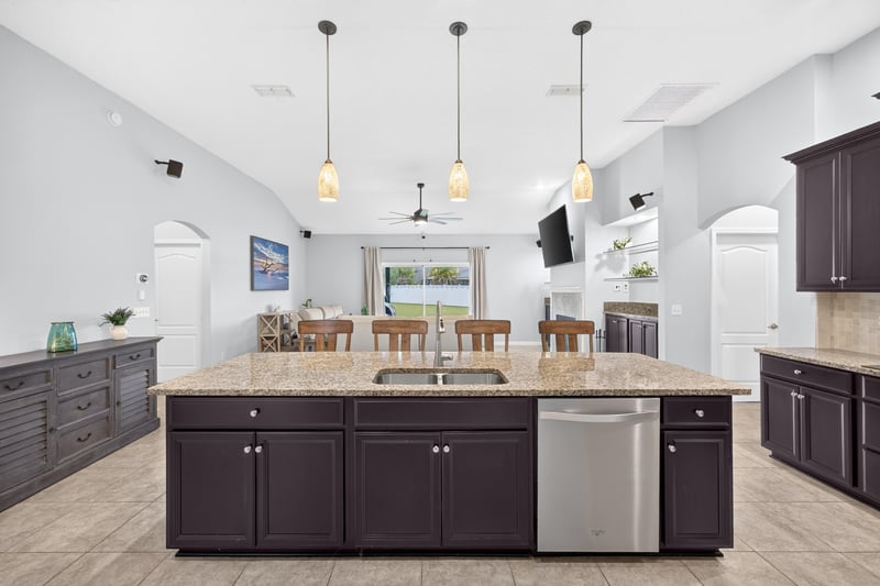 Kitchen island with view into the great room at 538 Porta Rosa Circle, St. Augustine, FL 32092