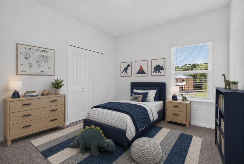 Virtually staged kids bedroom with dinosaur decor at 269 Bluegrass Wy, St. Augustine, FL 32092