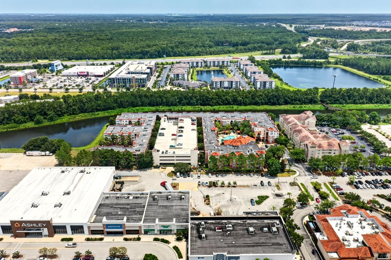 Wide aerial view of the area and ponds in Jacksonville, FL