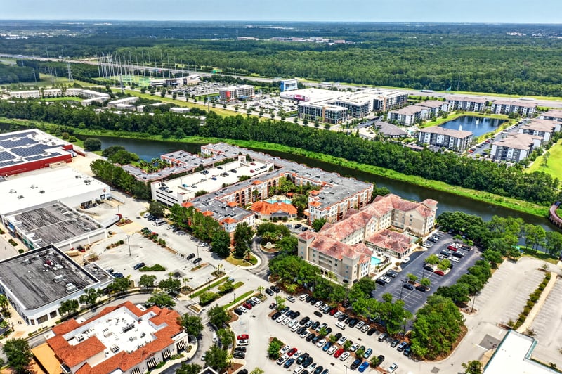 Aerial view of the complex near retail buildings in Jacksonville, FL