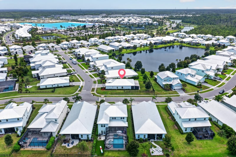 Aerial of Beachwalk and its lagoon with 91 Tilloo Ct pinned, St. Johns, FL