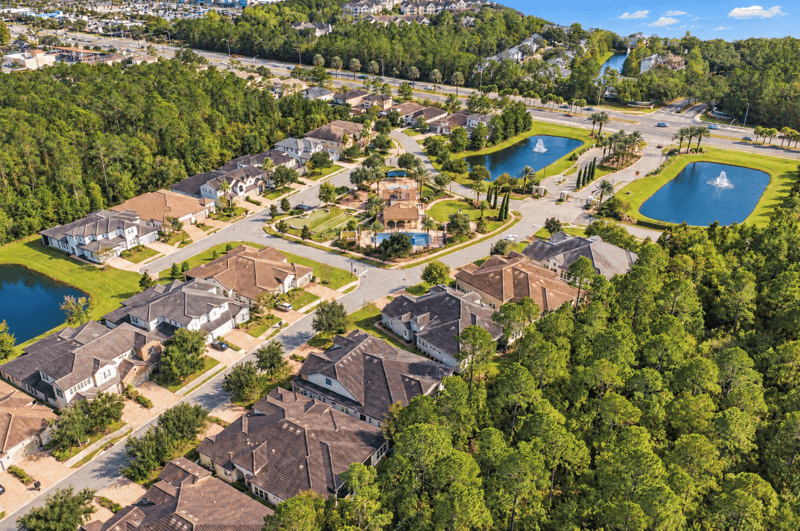 Aerial view of neighborhood streets and ponds, photographed by Megapixeler on Lucena Ln, Jacksonville, FL