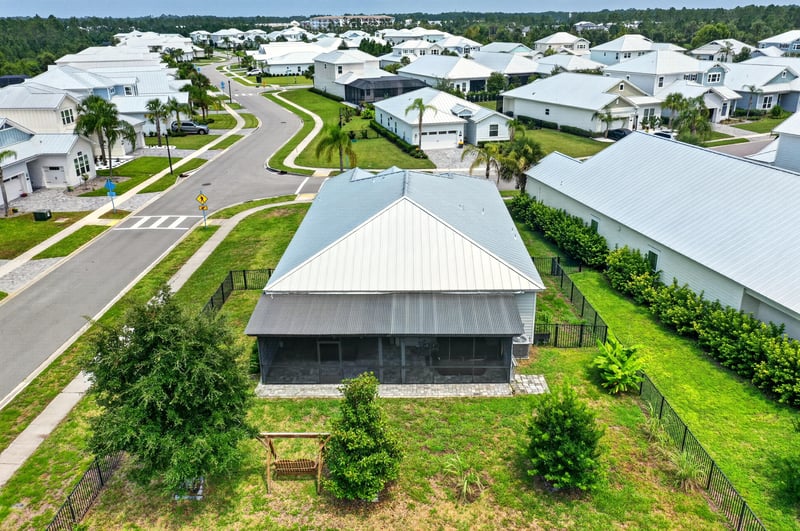 Overhead view of the backyard and screened porch at 91 Tilloo Ct, St. Johns, FL