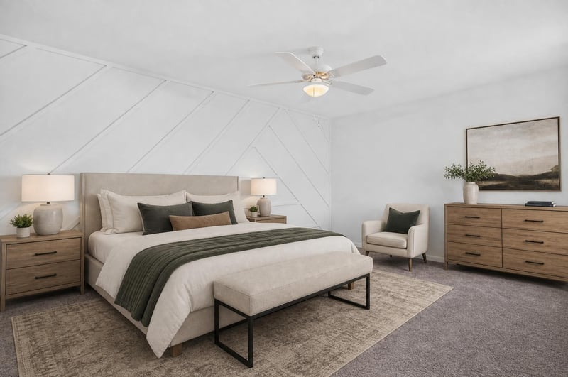 Bedroom with bed and dresser, virtually staged at 8177 Virgo St, Jacksonville, FL 32216