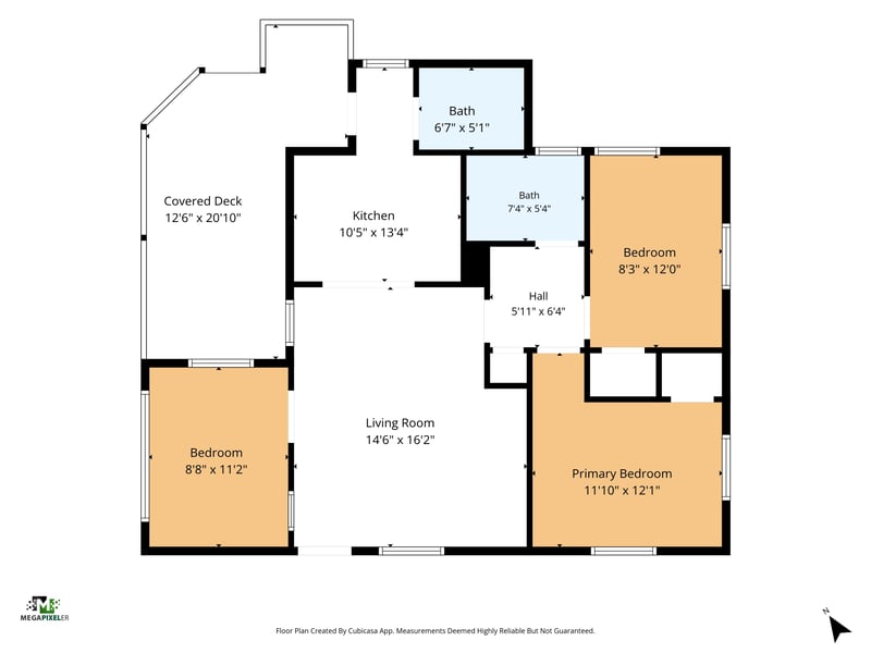 Floor plan showing bedrooms, bathrooms, kitchen, living room and covered deck at 2841 Ernest St, Jacksonville, FL 32205