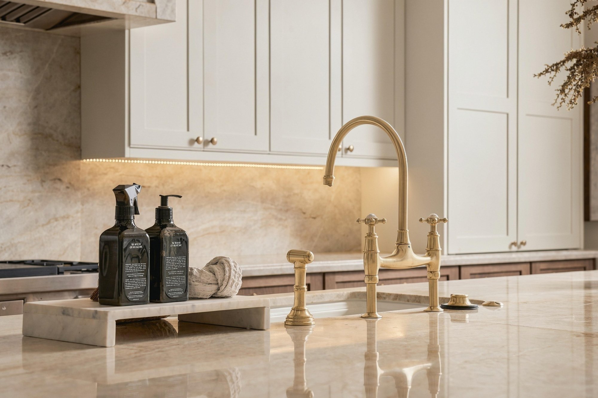 Brass bridge faucet on a marble counter