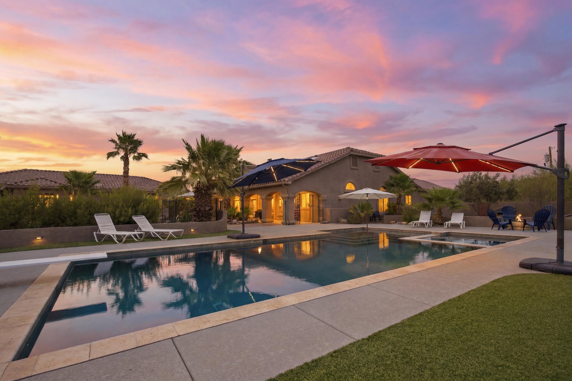 Virtual twilight of a backyard pool under a pink sky