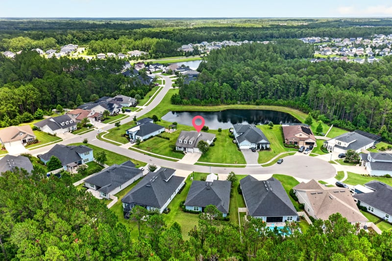 Aerial view with location pin marking the home near a cul-de-sac in St. Augustine, FL