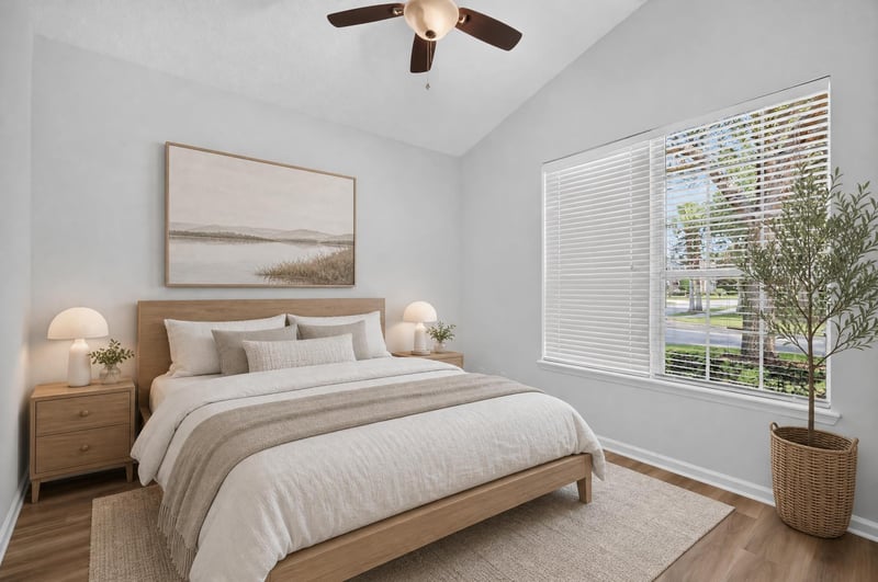 Secondary bedroom virtually staged with bed at 3101 E Banister Rd, St. Augustine, FL 32092